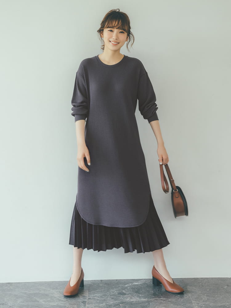 華夫格圓領洋裝 (長袖) 