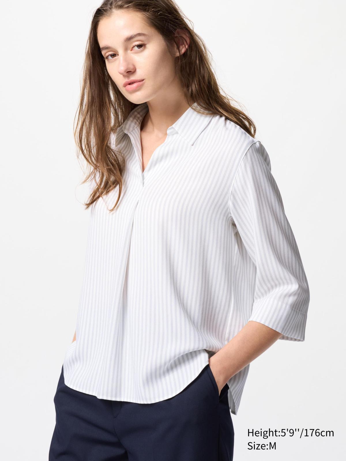 女裝, XS-3XL 嫘縈條紋開領上衣(七分袖) 475660