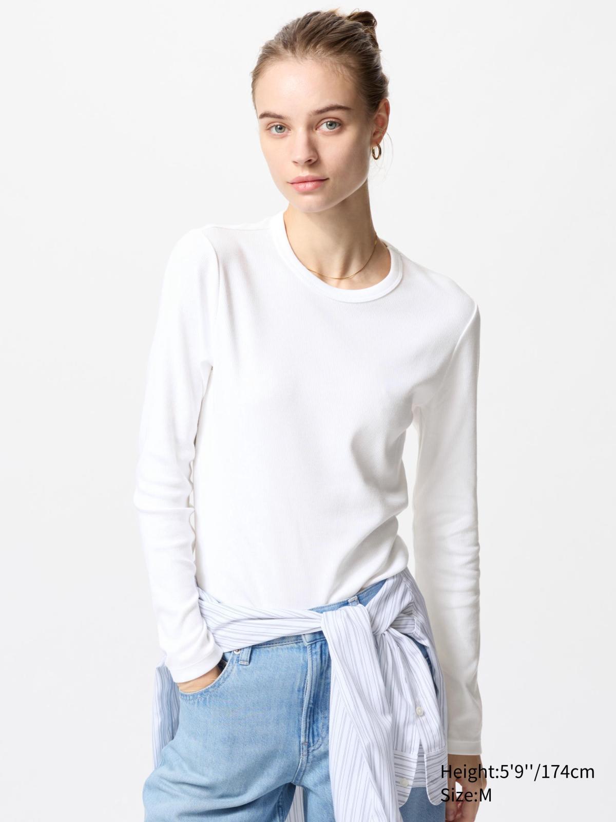 女裝, S-3XL 柔軟羅紋圓領T恤(長袖) 474400