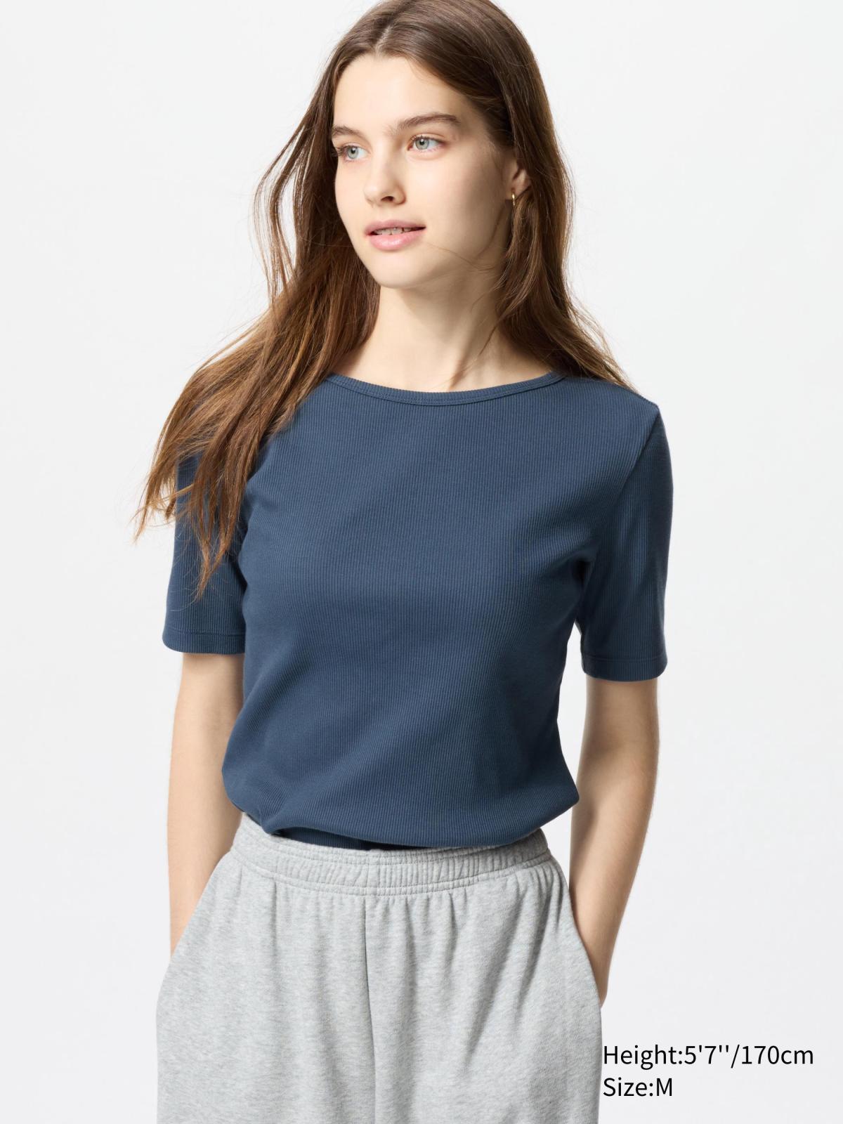 女裝, XS-3XL 羅紋船型領T恤(五分袖) 474406