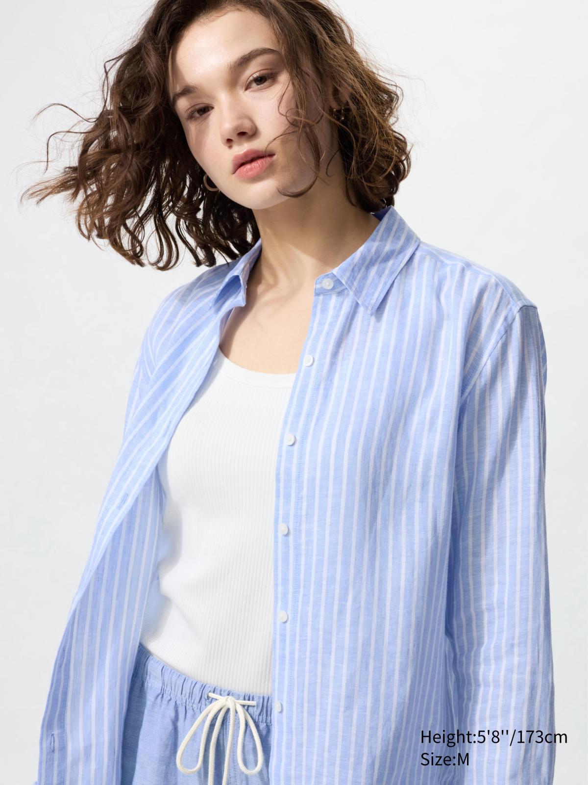 女裝XS-3XL 特級亞麻條紋襯衫(長袖) 475648