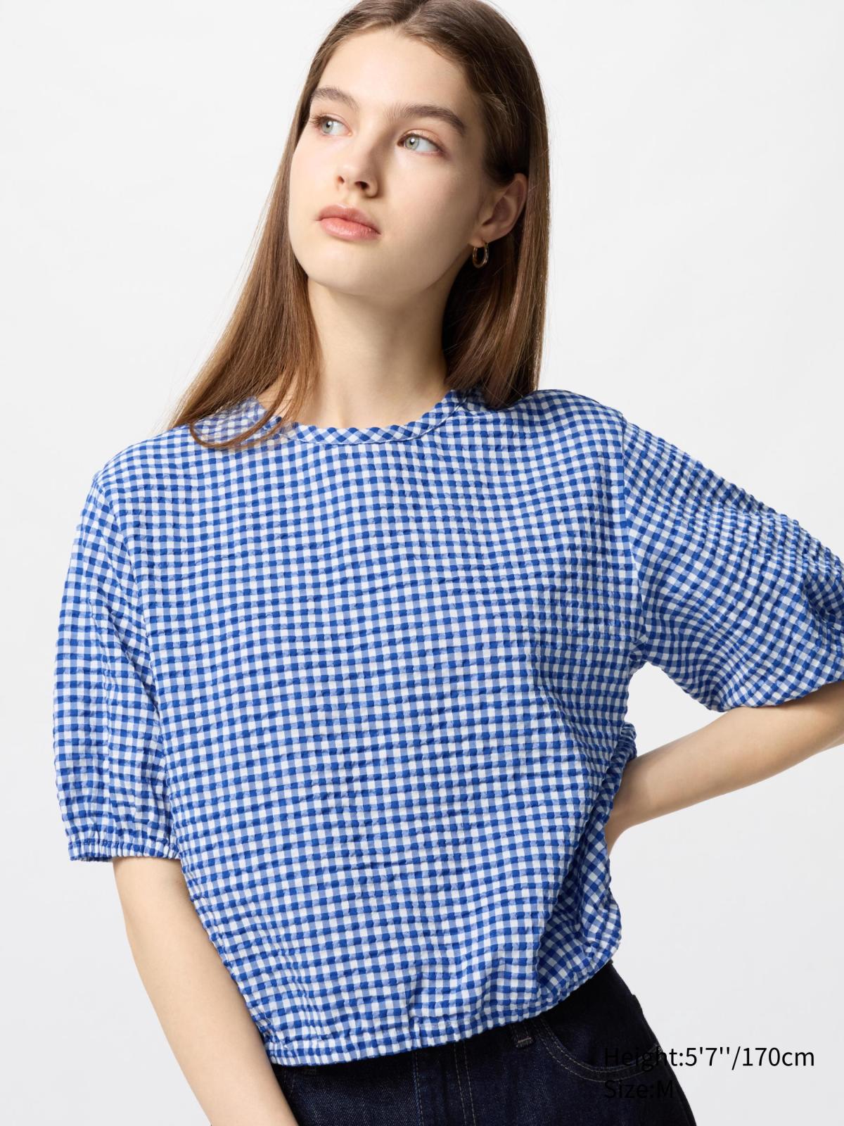 女裝, XS-3XL 泡泡紗格紋澎袖上衣(短袖) 476775