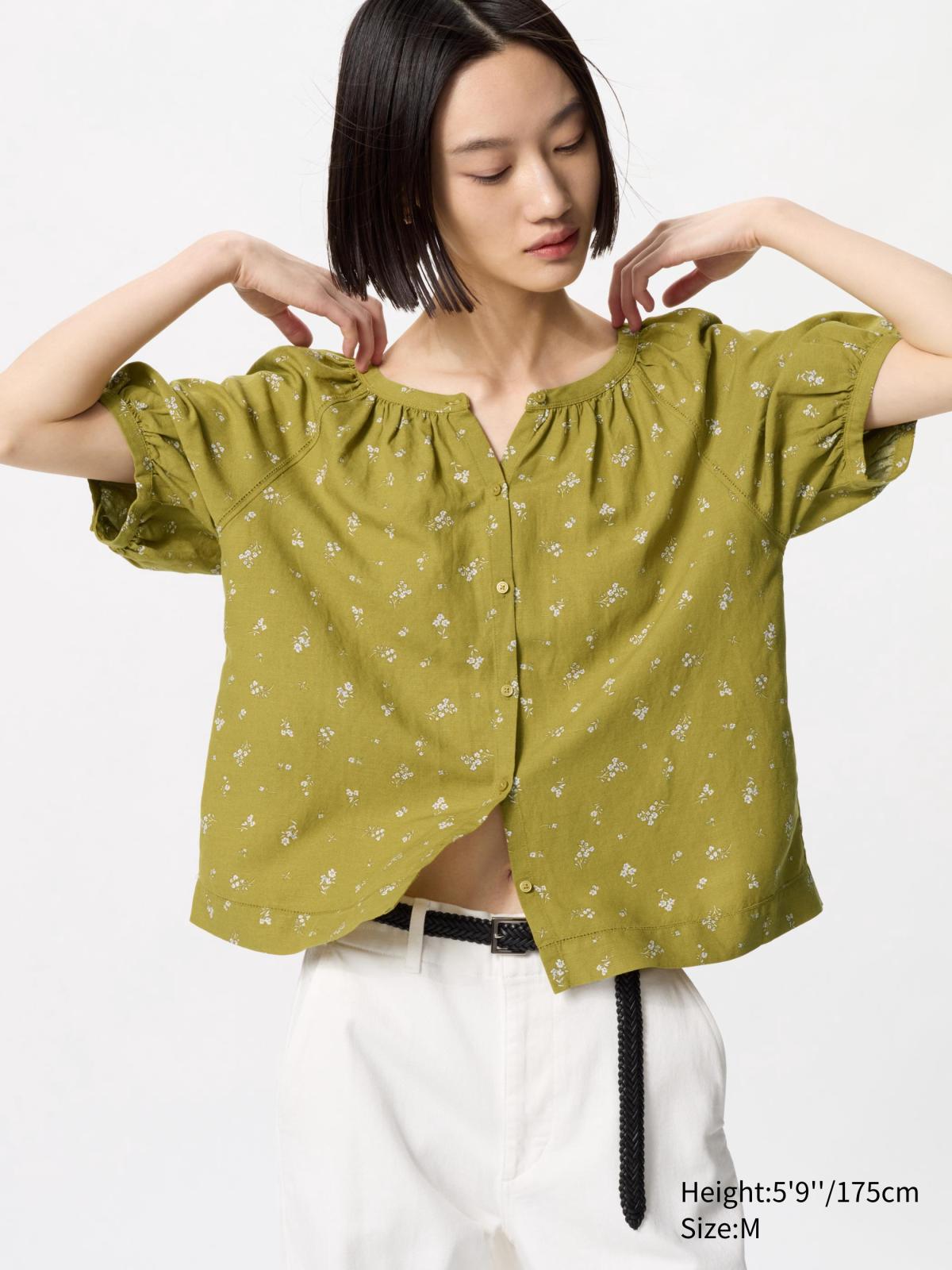 女裝, XS-3XL 亞麻混紡澎袖印花上衣(短袖) 477604