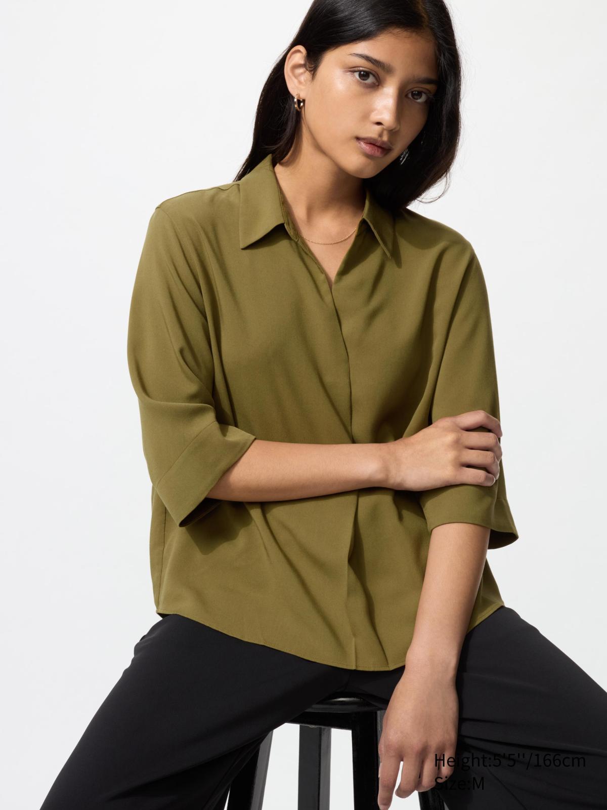 女裝, XS-3XL 嫘縈開領上衣(七分袖) 479073