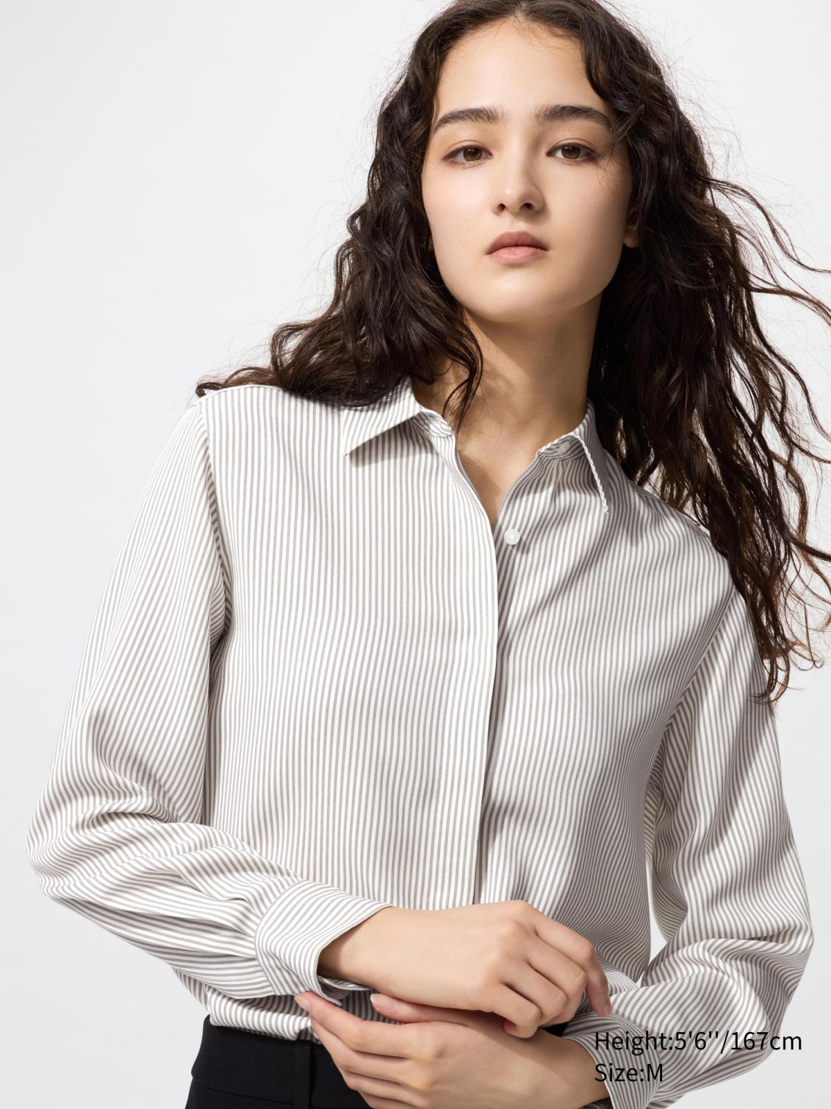 女裝, XS-3XL 嫘縈條紋上衣(長袖) 479072