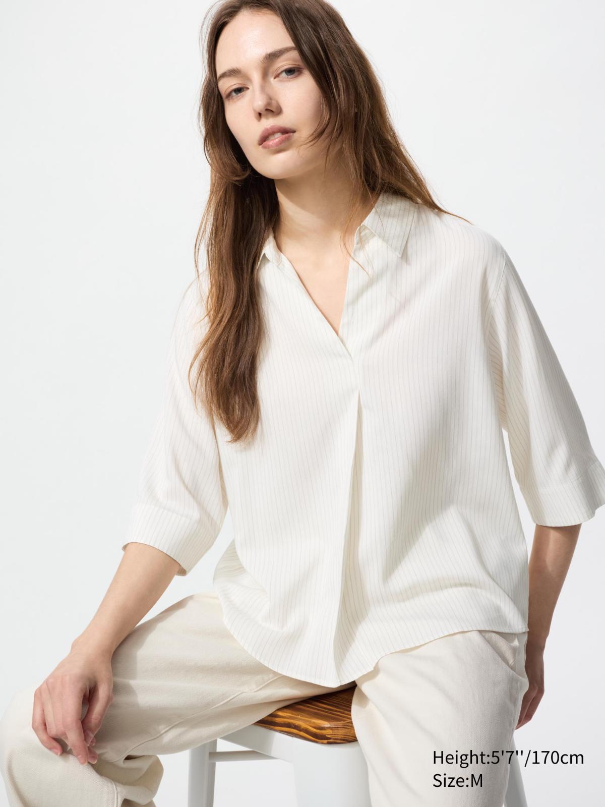 女裝, XS-3XL 嫘縈條紋開領上衣(七分袖) 479074