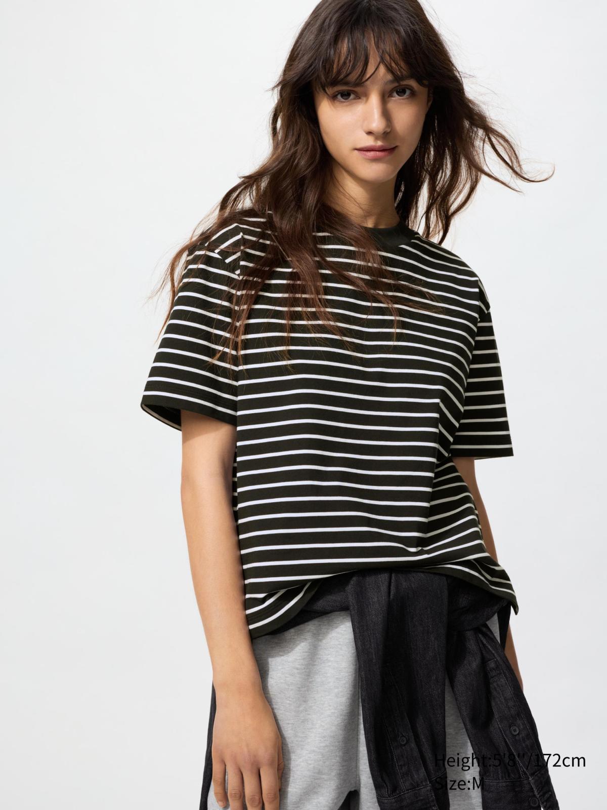 女裝, XS-3XL AIRism 棉質條紋T恤(短袖) 480054