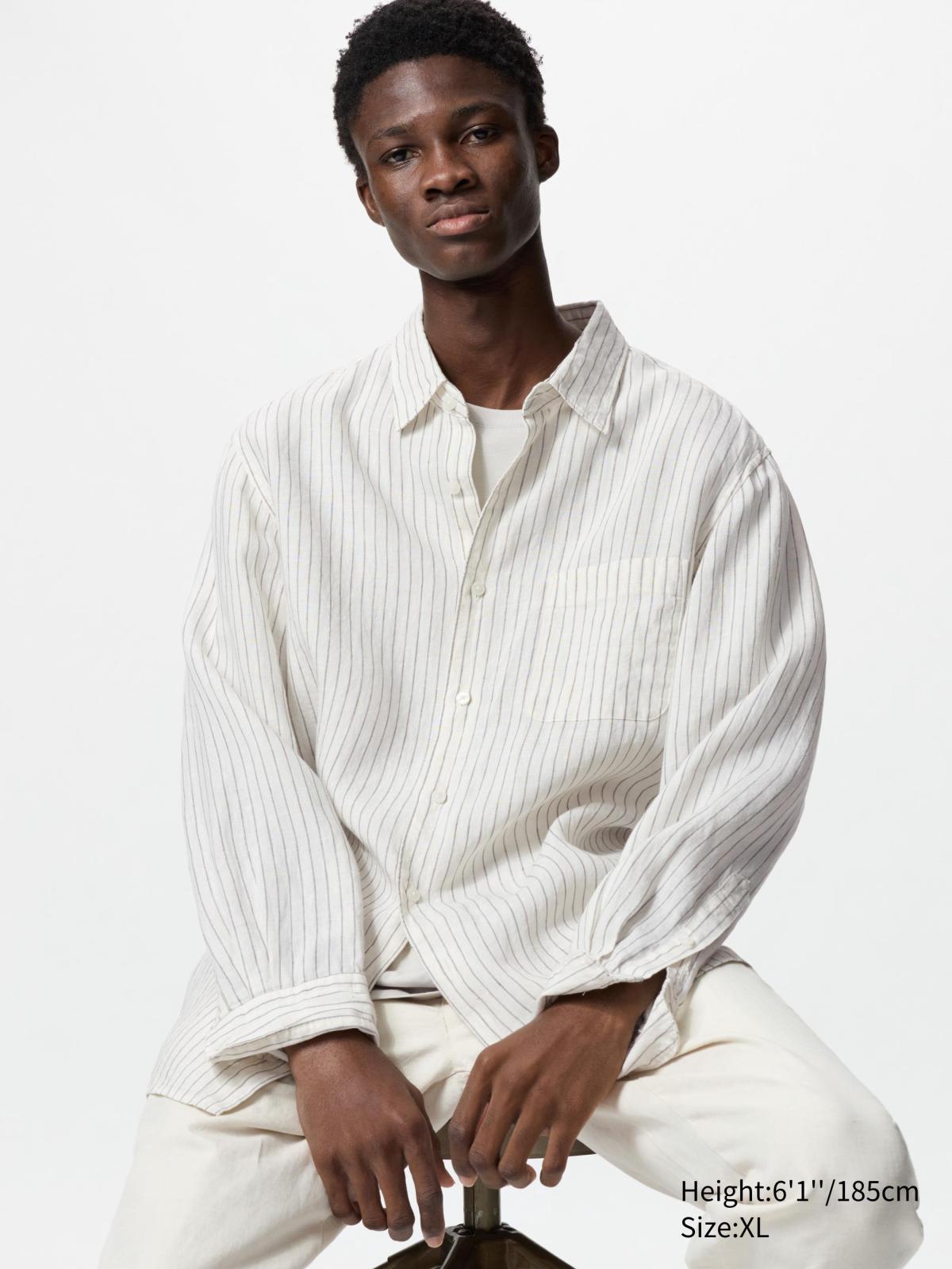 男裝, L 特級亞麻條紋襯衫(長袖) 474506