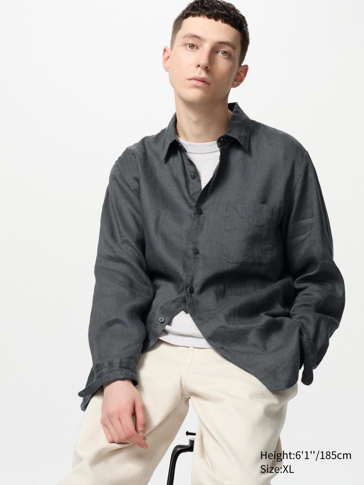 男裝, S-XL 特級亞麻襯衫(長袖) 474504