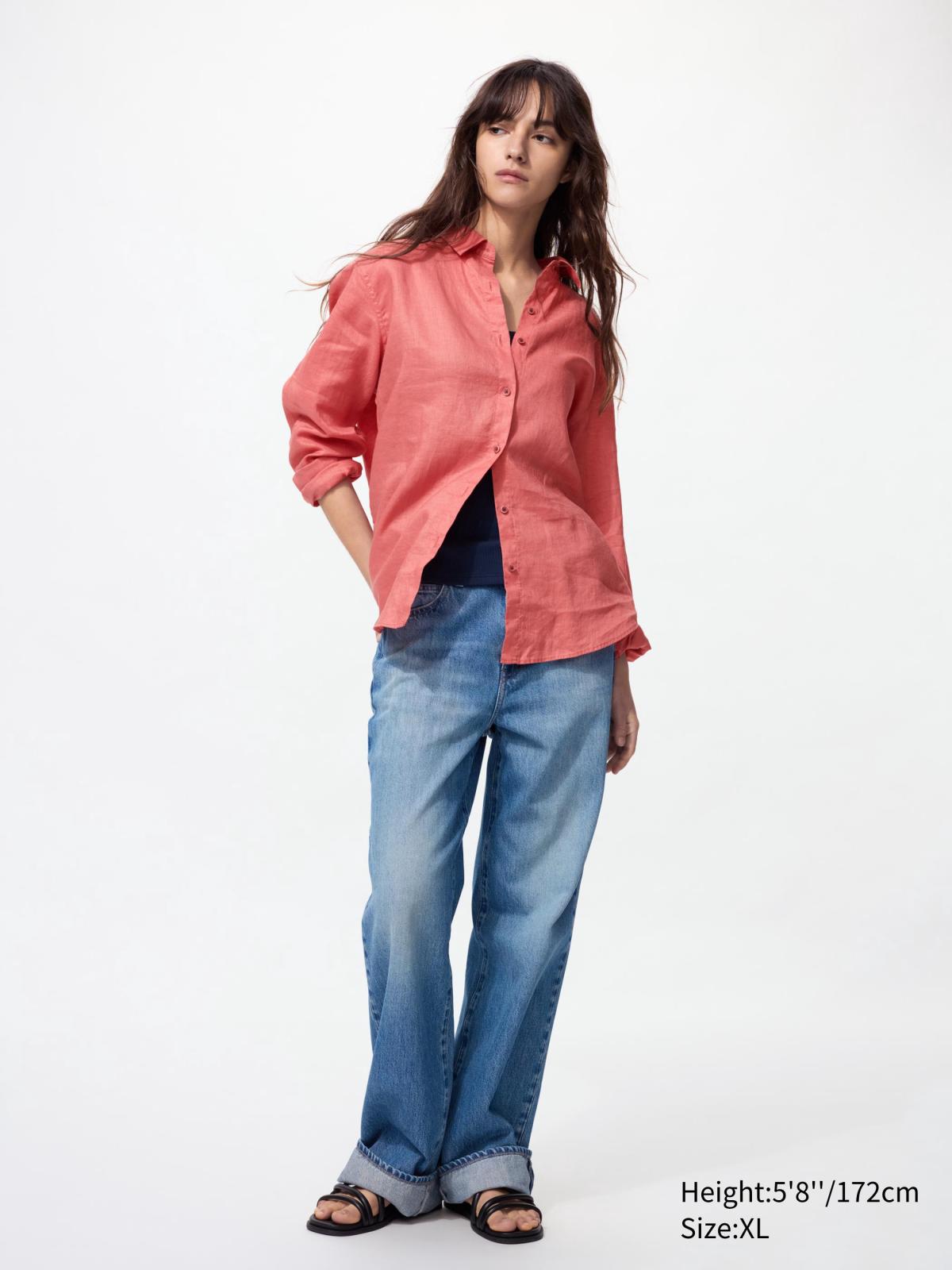 女裝, XS-3XL 特級亞麻襯衫(長袖) 475647