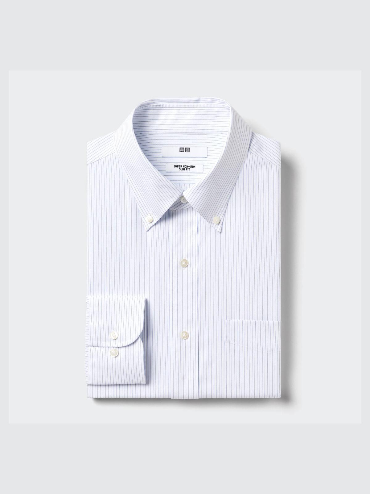 男裝, XS-L 特級抗皺合身襯衫(長袖)(鈕釦領/條紋) 473385
