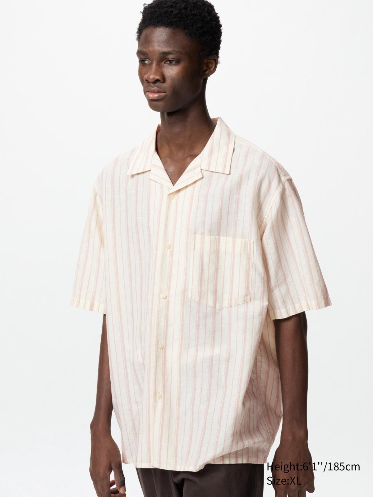 男裝/男女適穿, S-L 棉麻襯衫(短袖)(條紋) 477902