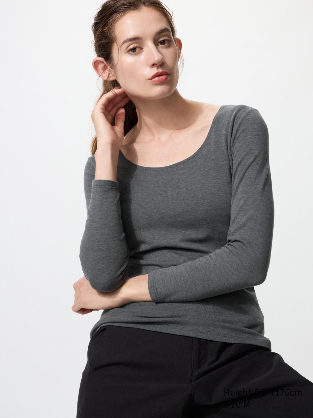 女裝, S-XL HEATTECH棉質極暖U領T恤(8分袖) 480281