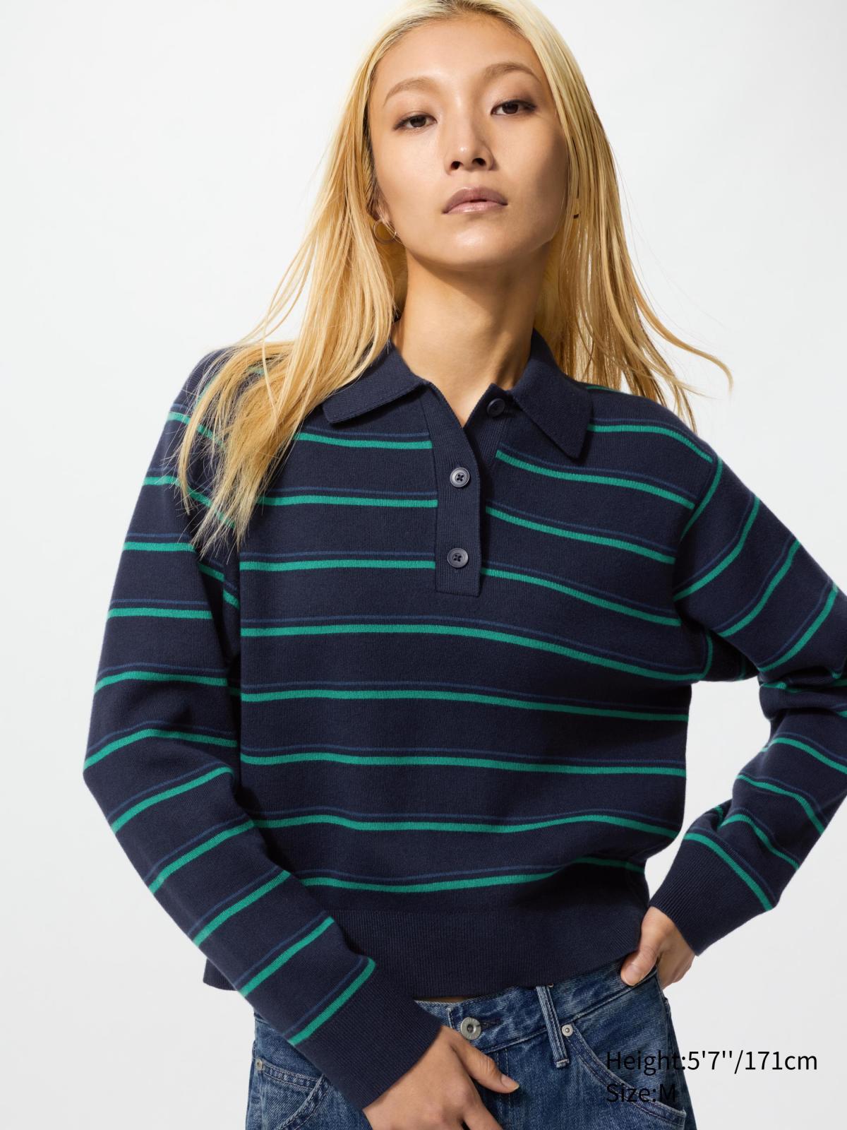 柔滑棉條紋POLO針織衫(長袖)