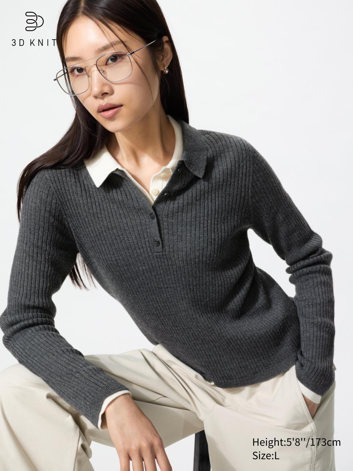 女裝 3D織法美麗諾混紡羅紋POLO針織衫(長袖)