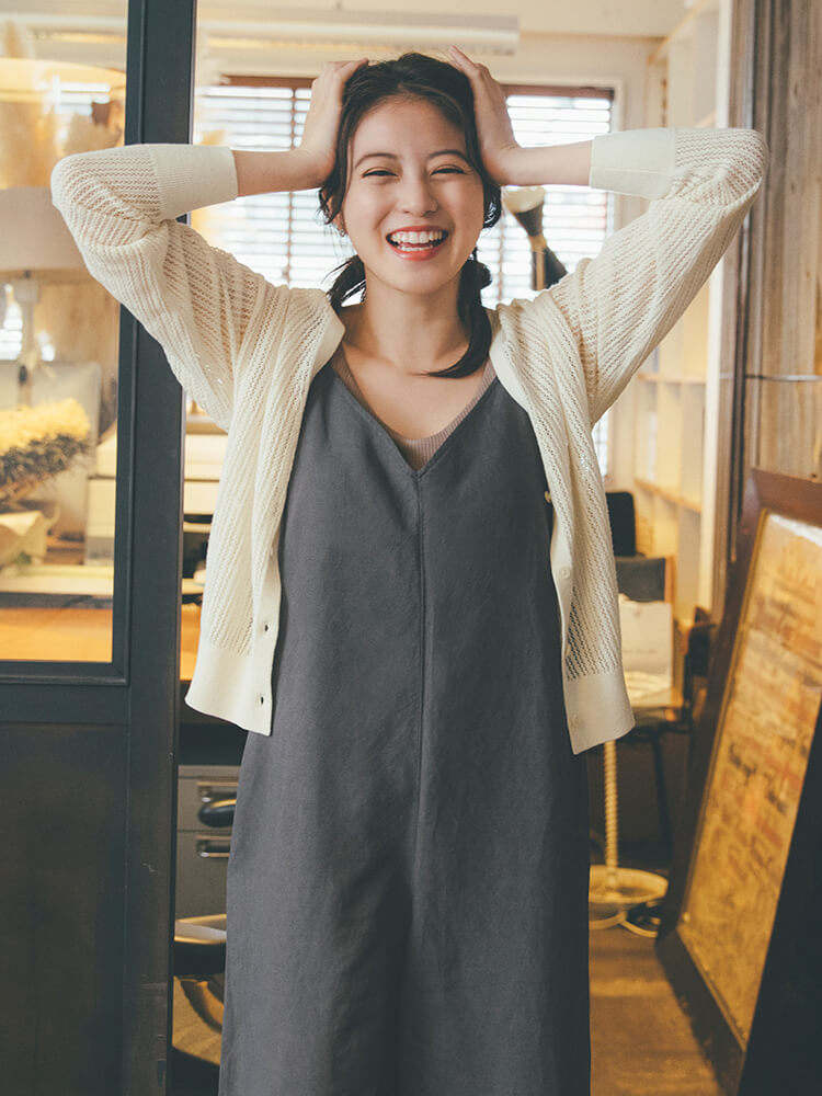 亞麻混紡 V領細肩帶連身褲