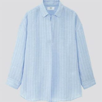 女裝 特級亞麻 條紋開領襯衫 (七分袖)