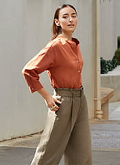 亞麻混紡開領上衣(7分袖)