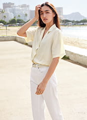 亞麻混紡開領上衣(短袖)