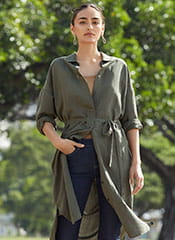 亞麻混紡襯衫式洋裝 (長袖)