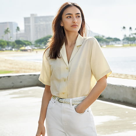 亞麻混紡開領上衣(短袖)