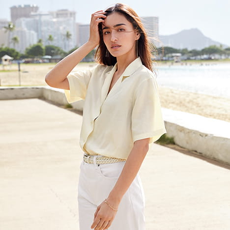 亞麻混紡開領上衣(短袖)