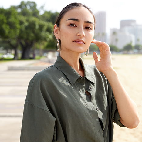 亞麻混紡襯衫式洋裝 (長袖)