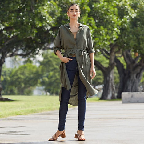 亞麻混紡襯衫式洋裝 (長袖)