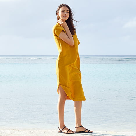 亞麻混紡繭型洋裝 (短袖)