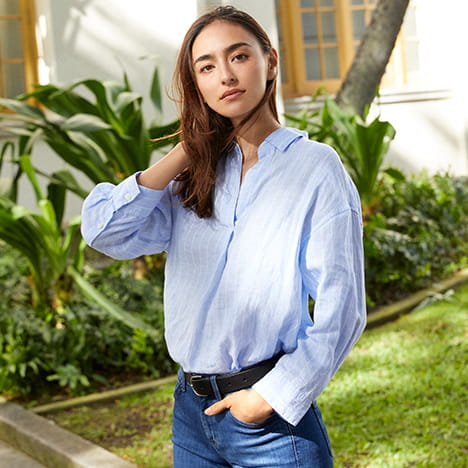 特級亞麻 條紋開領襯衫 (7分袖) 