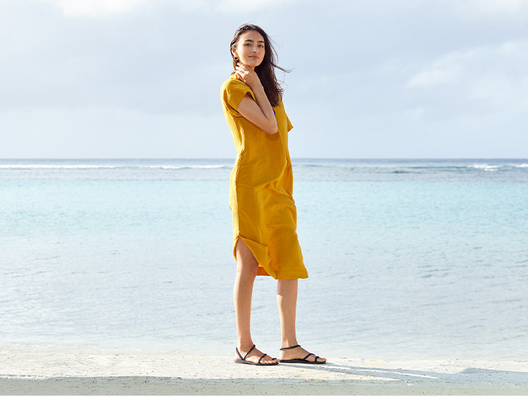 亞麻混紡繭型洋裝 (短袖)