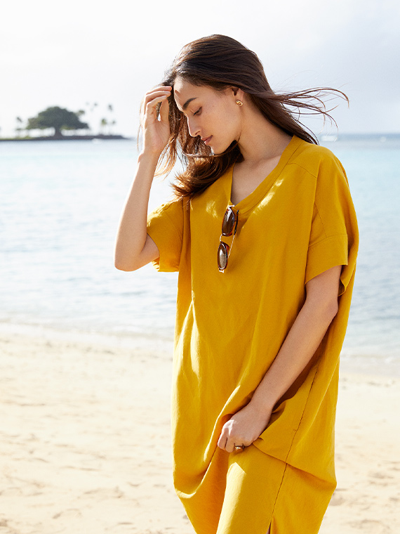 亞麻混紡繭型洋裝 (短袖)