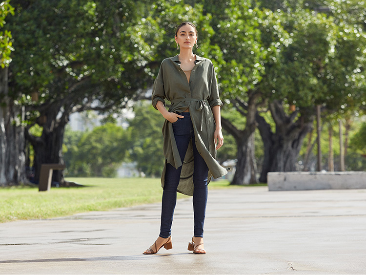  亞麻混紡襯衫式洋裝 (長袖)