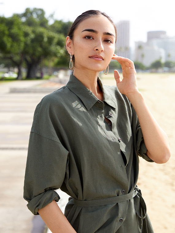  亞麻混紡襯衫式洋裝 (長袖)