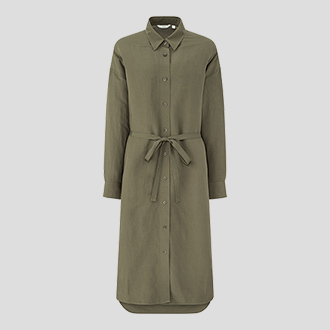  亞麻混紡襯衫式洋裝 (長袖)