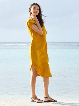 亞麻混紡繭型洋裝 (短袖)