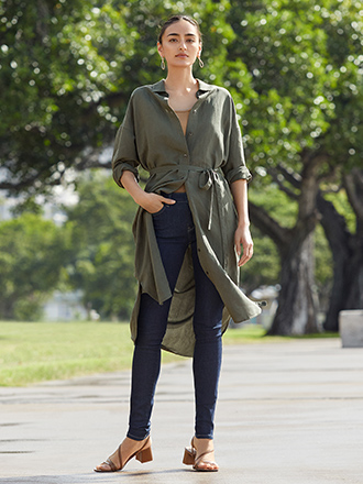 亞麻混紡襯衫式洋裝 (長袖)