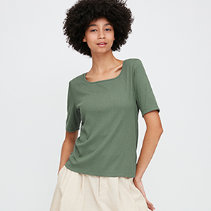 リブスクエアネックT（5分袖）