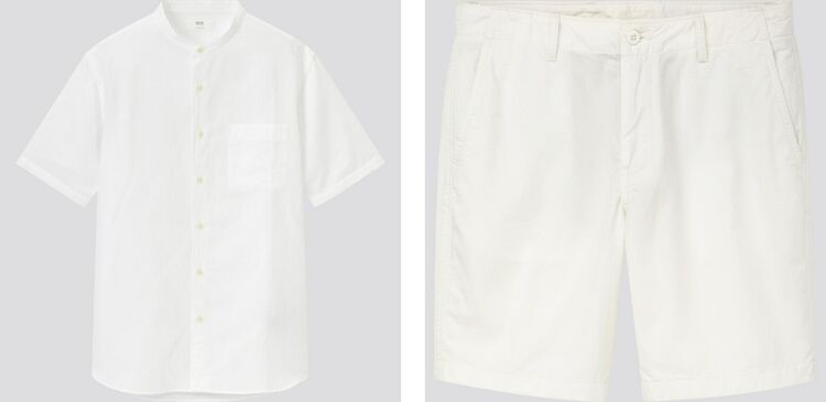 short sleeved linen shirt and white chino shorts