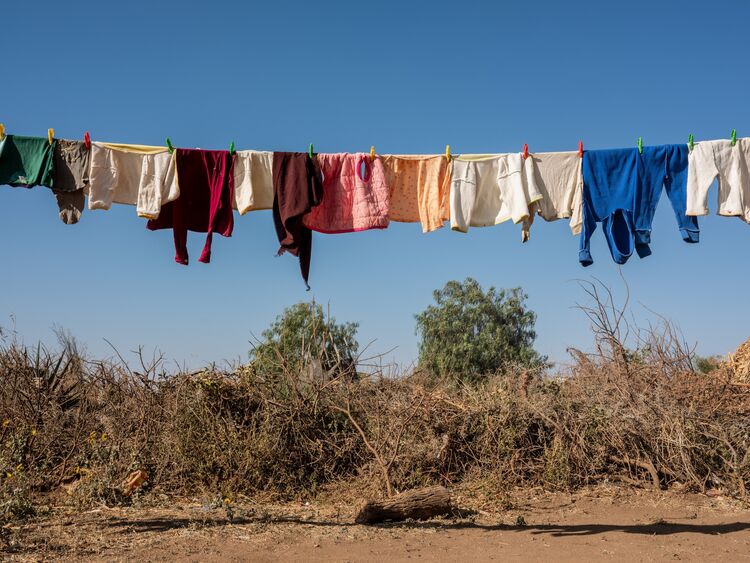 Fresh laundry hangs to dry