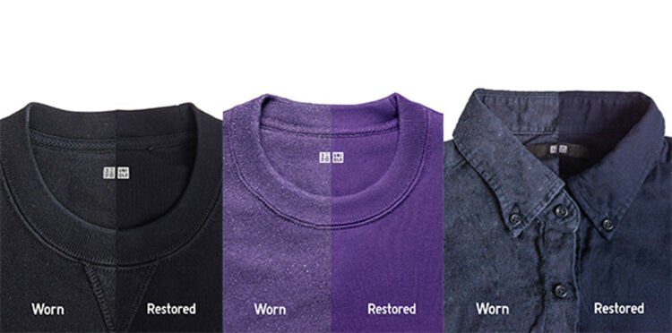 a sweatshirt, T-shirt and shirt shown before and after using biorestore