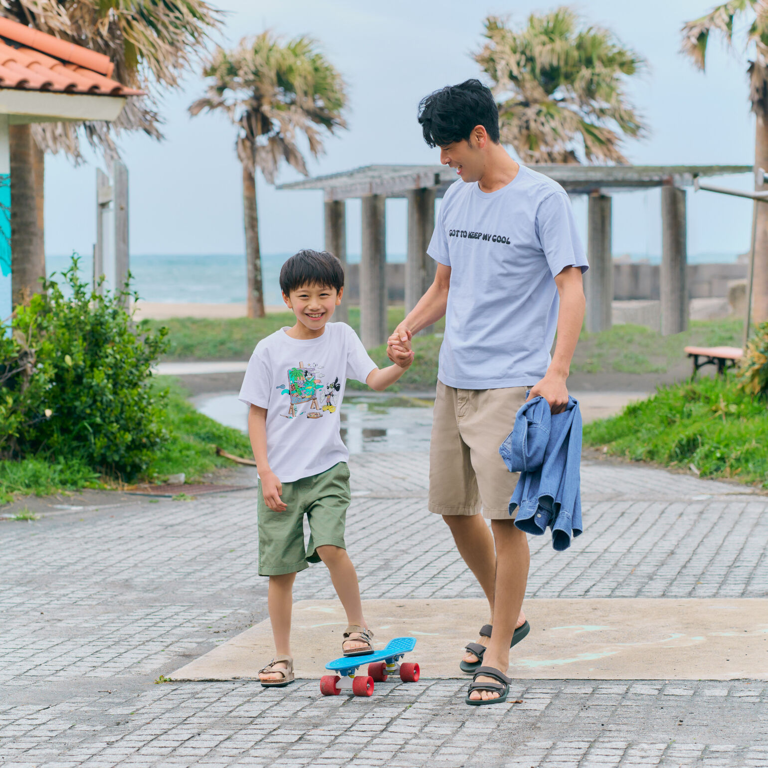 man and child wearing UNIQLO shorts
