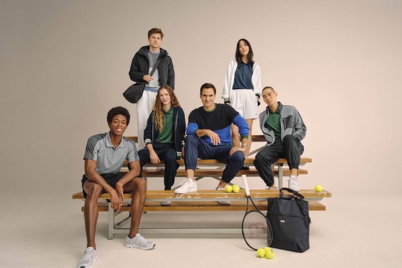 Roger Federer and five models wearing Roger Federer Collection by JW Anderson