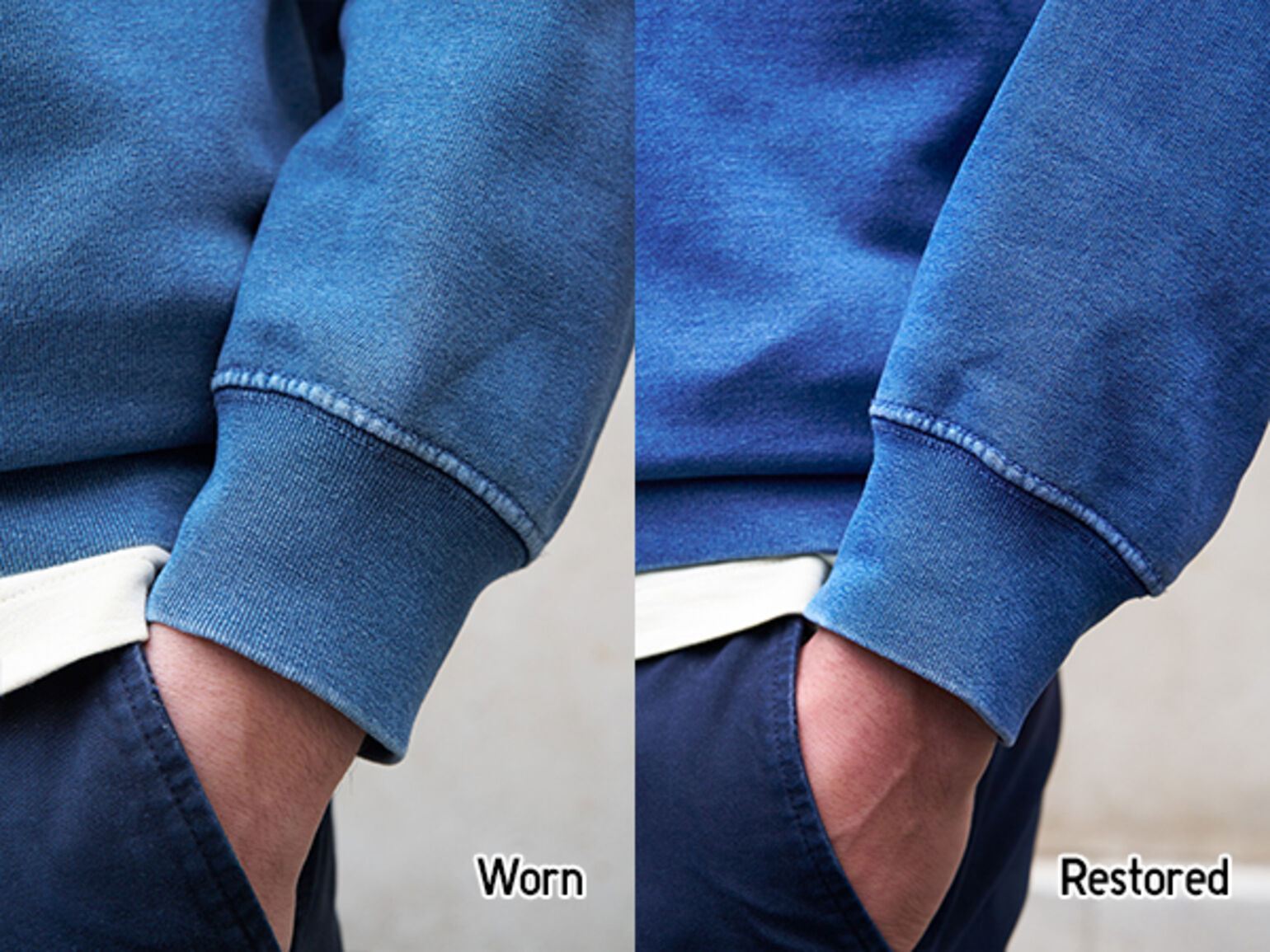 a sweatshirt shown before and after using biorestore