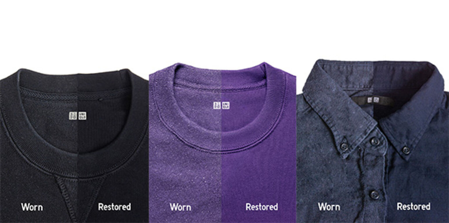 a sweatshirt, T-shirt and shirt shown before and after using biorestore