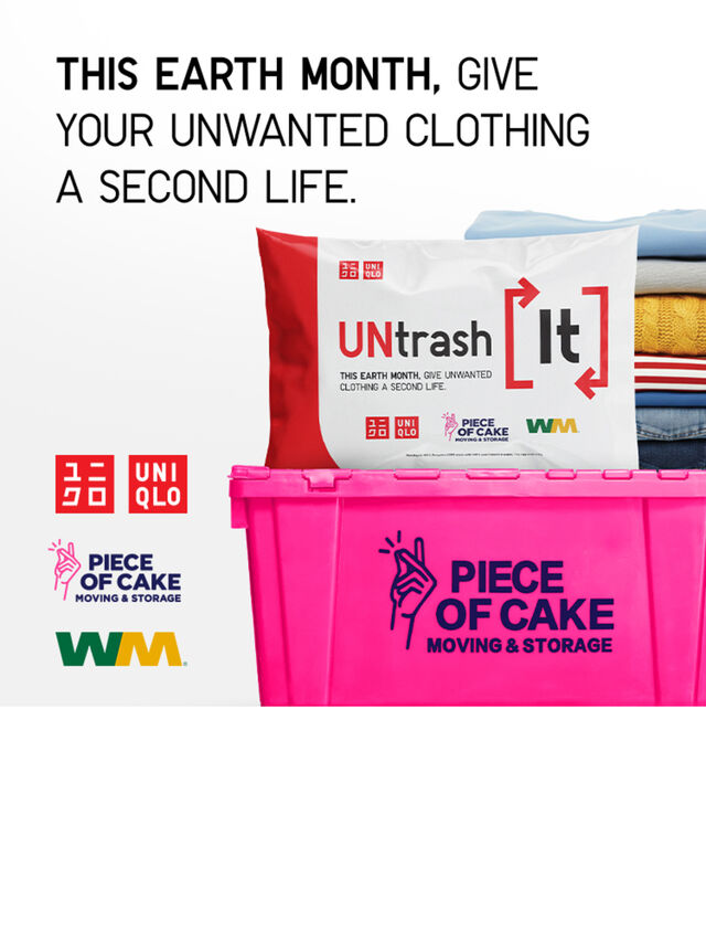 Piece of Cake storage bin with clothes on it. On top is the UNtrash It bag and collaboration logos on the side: UNIQLO, Piece of Cake Storage & Moving, and WM Waste Management.