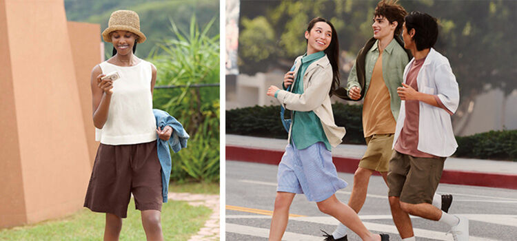 Left lifestyle image is a dynamic image of three people wearing light linen clothing, walking briskly with smiles on a city street abroad. Right lifestyle image is an image of a woman wearing a straw hat, a white sleeveless top, and brown shorts, smiling while looking at a small camera in a lush outdoor setting.