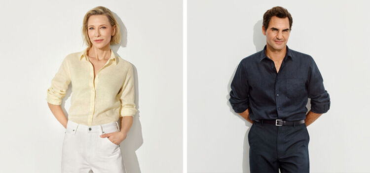 An image of Cate Blanchett standing naturally and looking refreshed, wearing a pale yellow linen shirt paired with white pants. An image of Roger Federer looking smartly dressed in a dark navy linen shirt, standing with his hands on his hips and gazing forward.