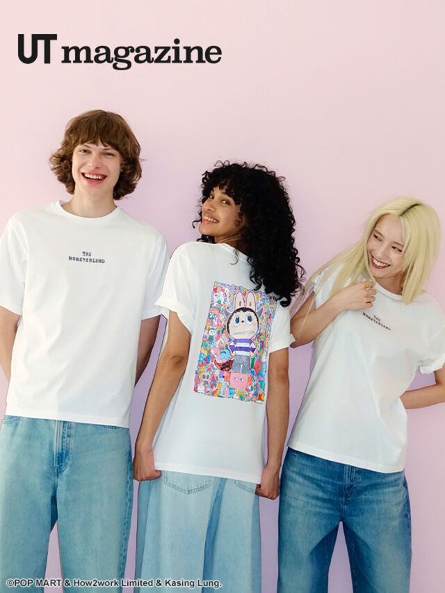 Young adults smiling against pink backdrop, wearing POP MART The Monsters UT T-Shirts with LABUBU on the design