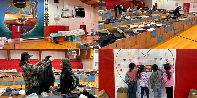 Indoor winter donation distribution inside Pine Ridge High Schools gym 